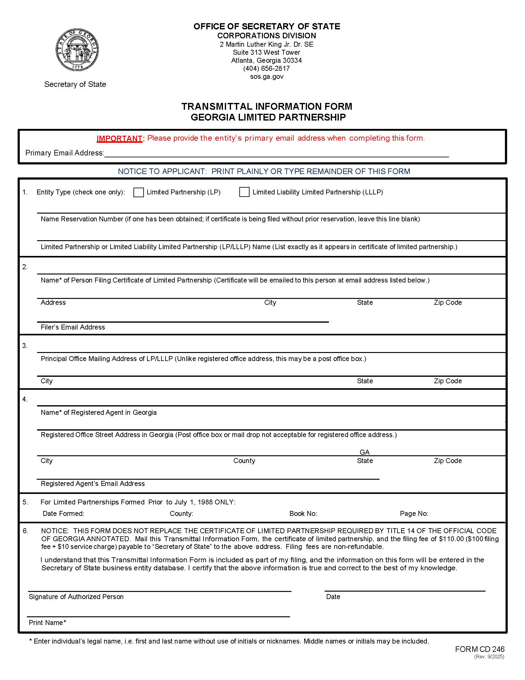 Transmittal Information Form Georgia Limited Partnership {CD 246} | Pdf Fpdf Docx | Georgia