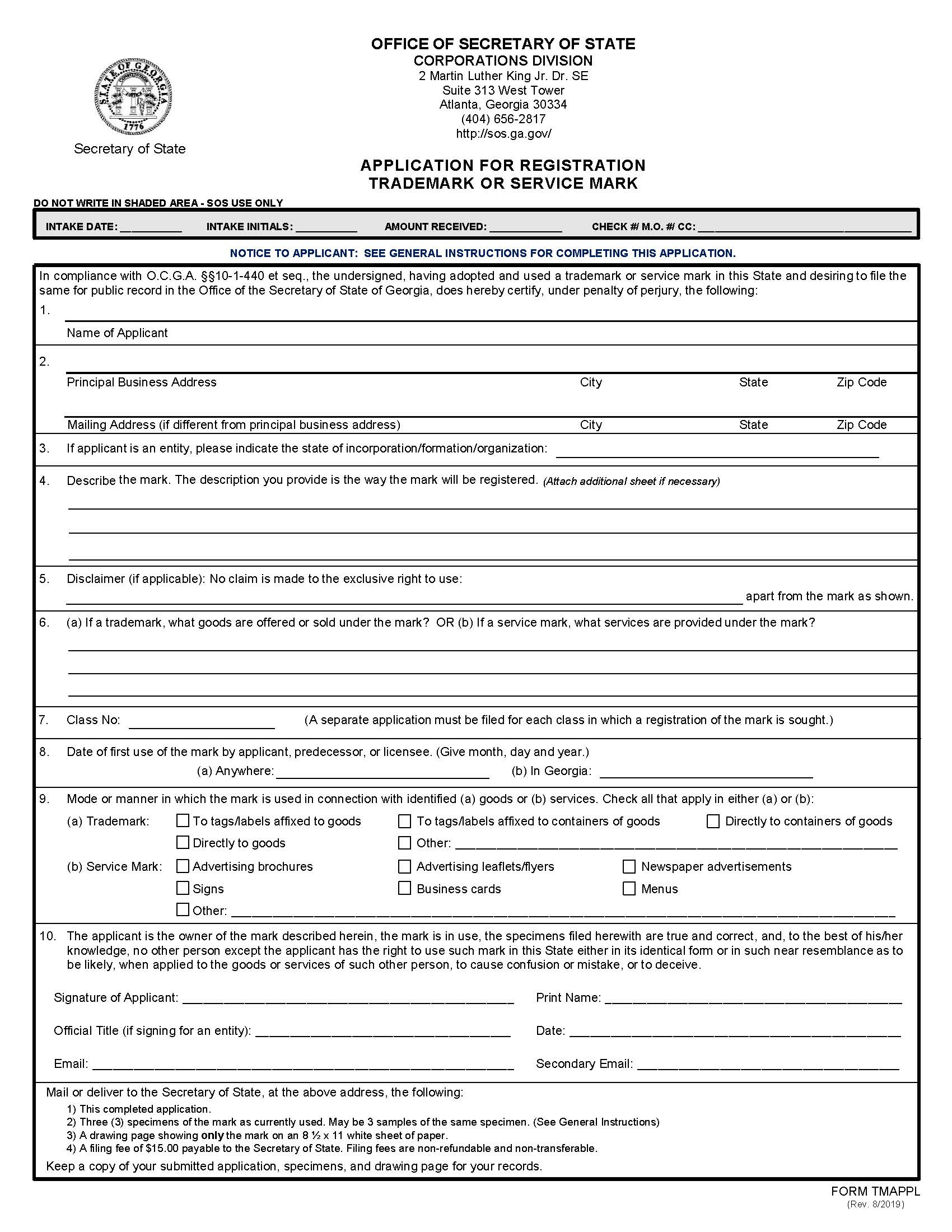 Application For Registration Trademark Or Service Mark | Pdf Fpdf Docx | Georgia