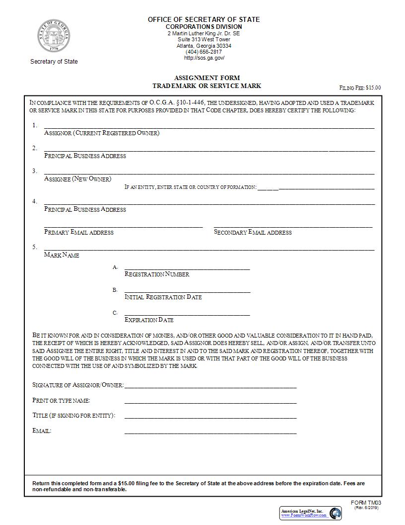 Assignment Form Trademark Or Service Mark | Pdf Fpdf Docx | Georgia