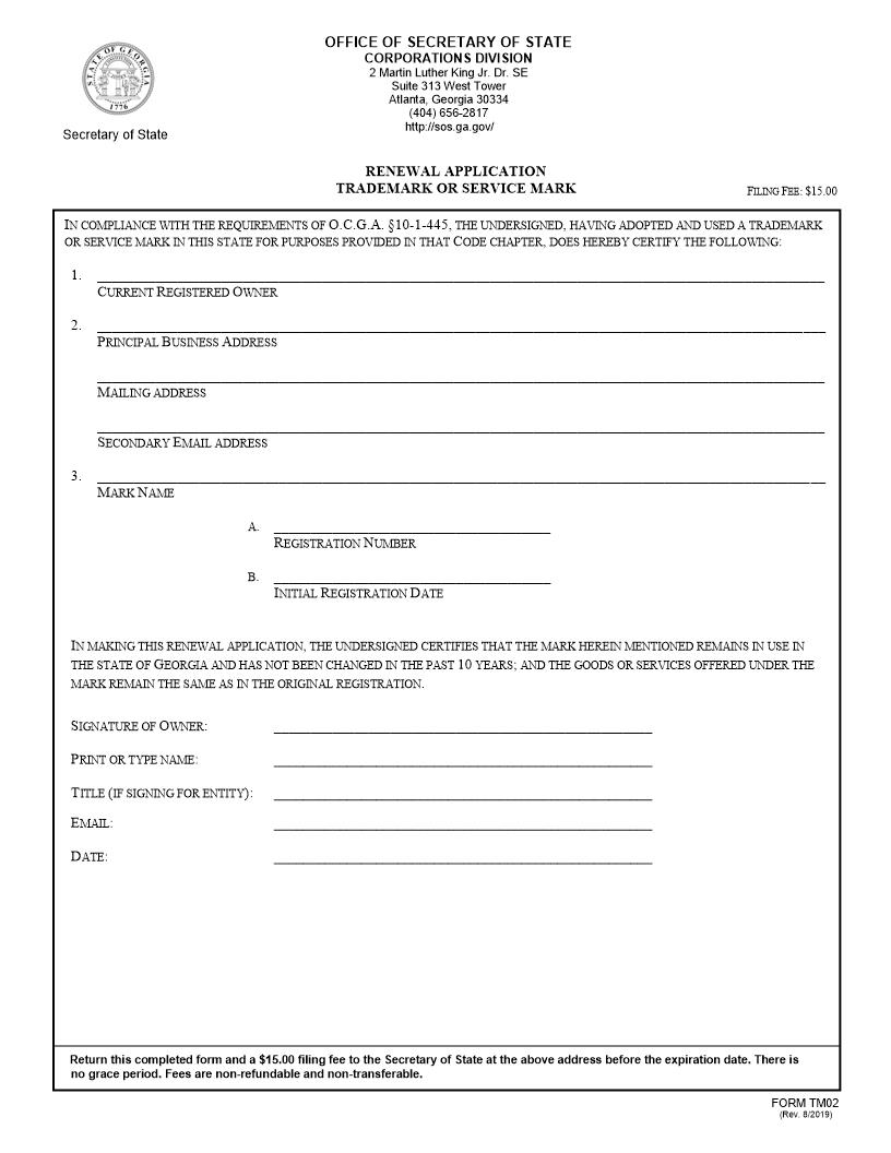 Renewal Application Trademark Or Service Mark | Pdf Fpdf Docx | Georgia