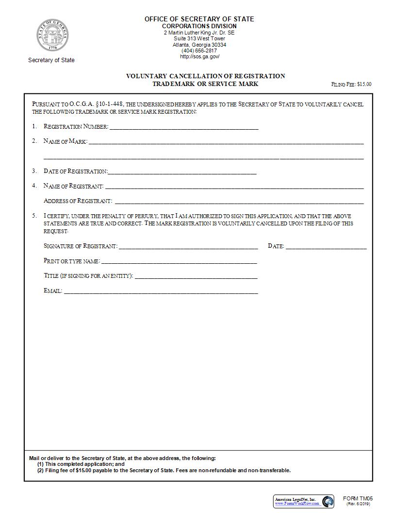 Voluntary Cancellation Of Registration Trademark Or Service Mark {TM05} | Pdf Fpdf Docx | Georgia