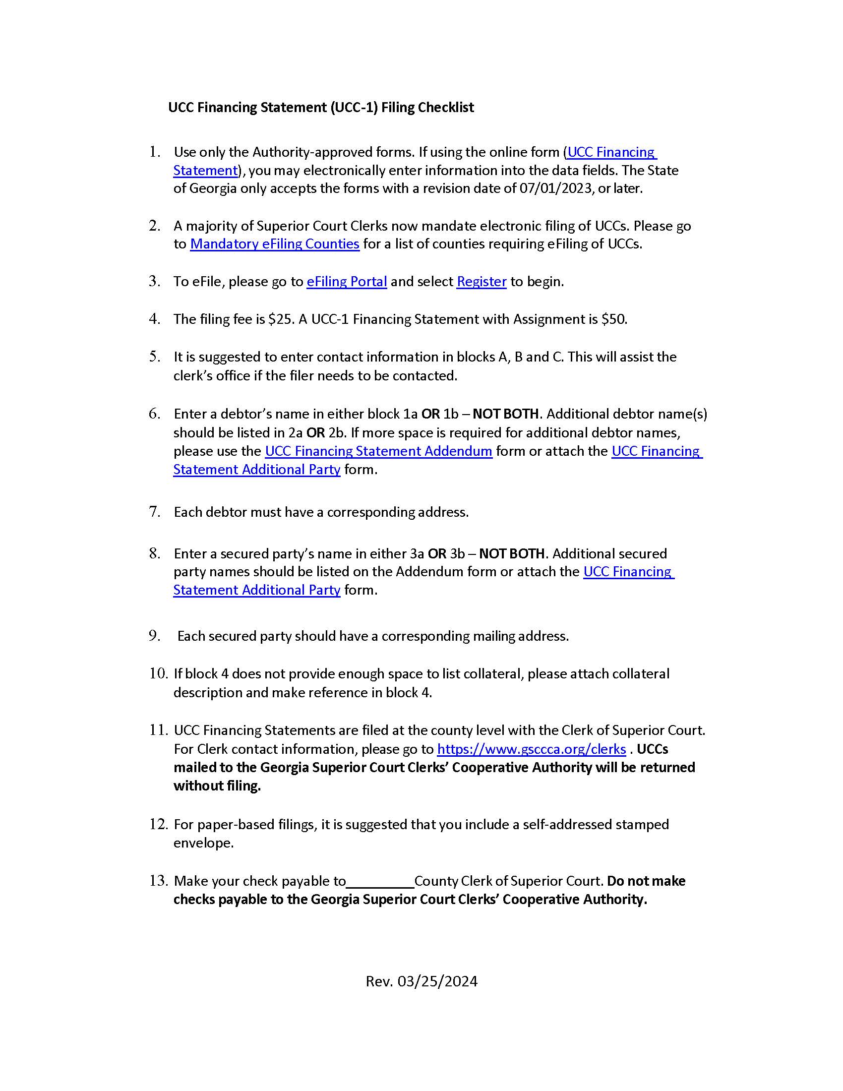UCC Financing Statement (UCC-1) Filing Checklist | Pdf Fpdf Doc Docx | Georgia