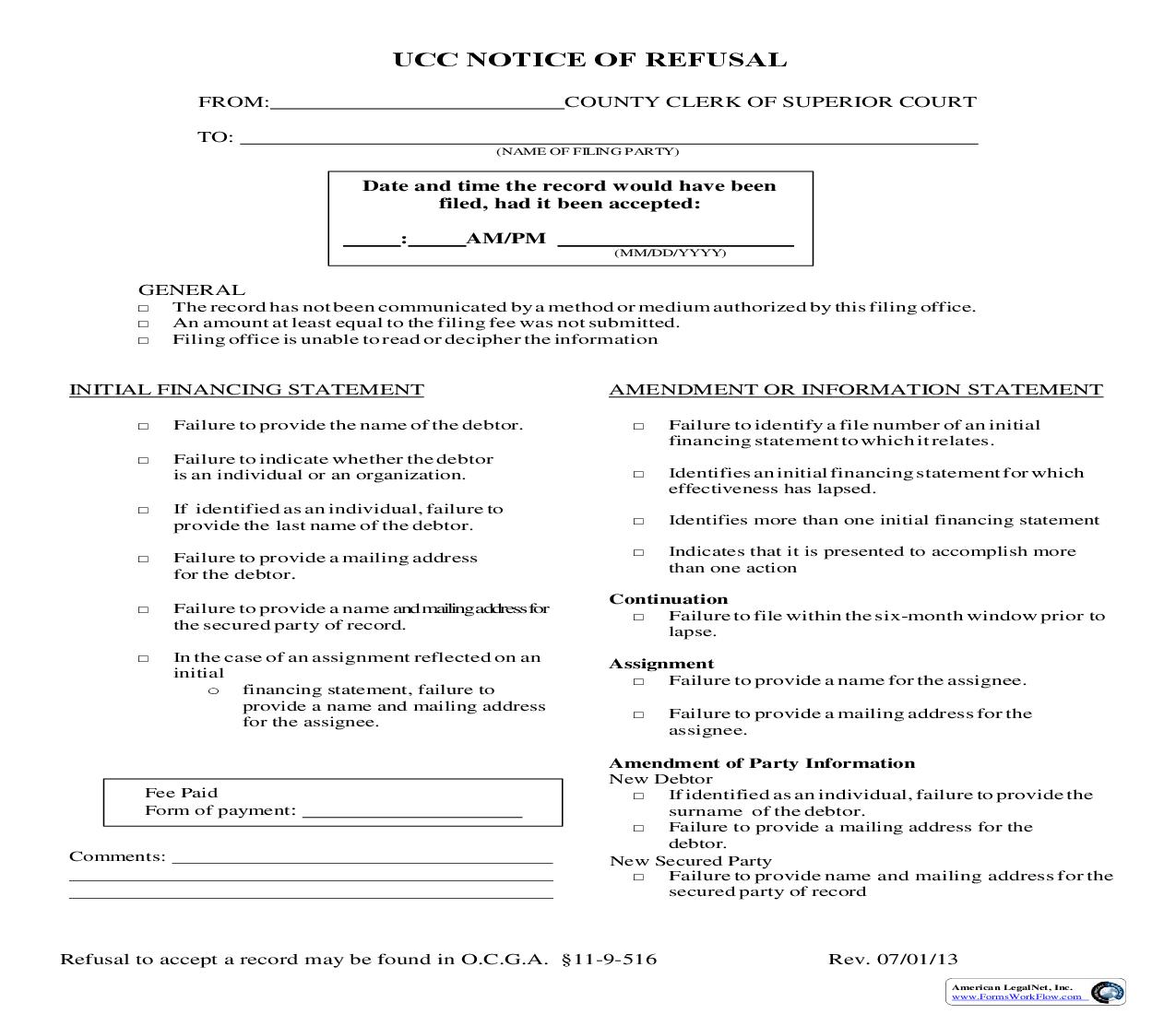 UCC Notice Of Refusal | Pdf Fpdf Doc Docx | Georgia