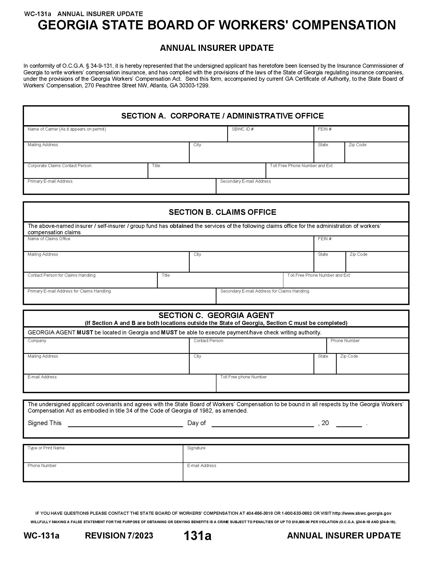 Annual Insurer Update {WC-131A} | Pdf Fpdf Doc Docx | Georgia