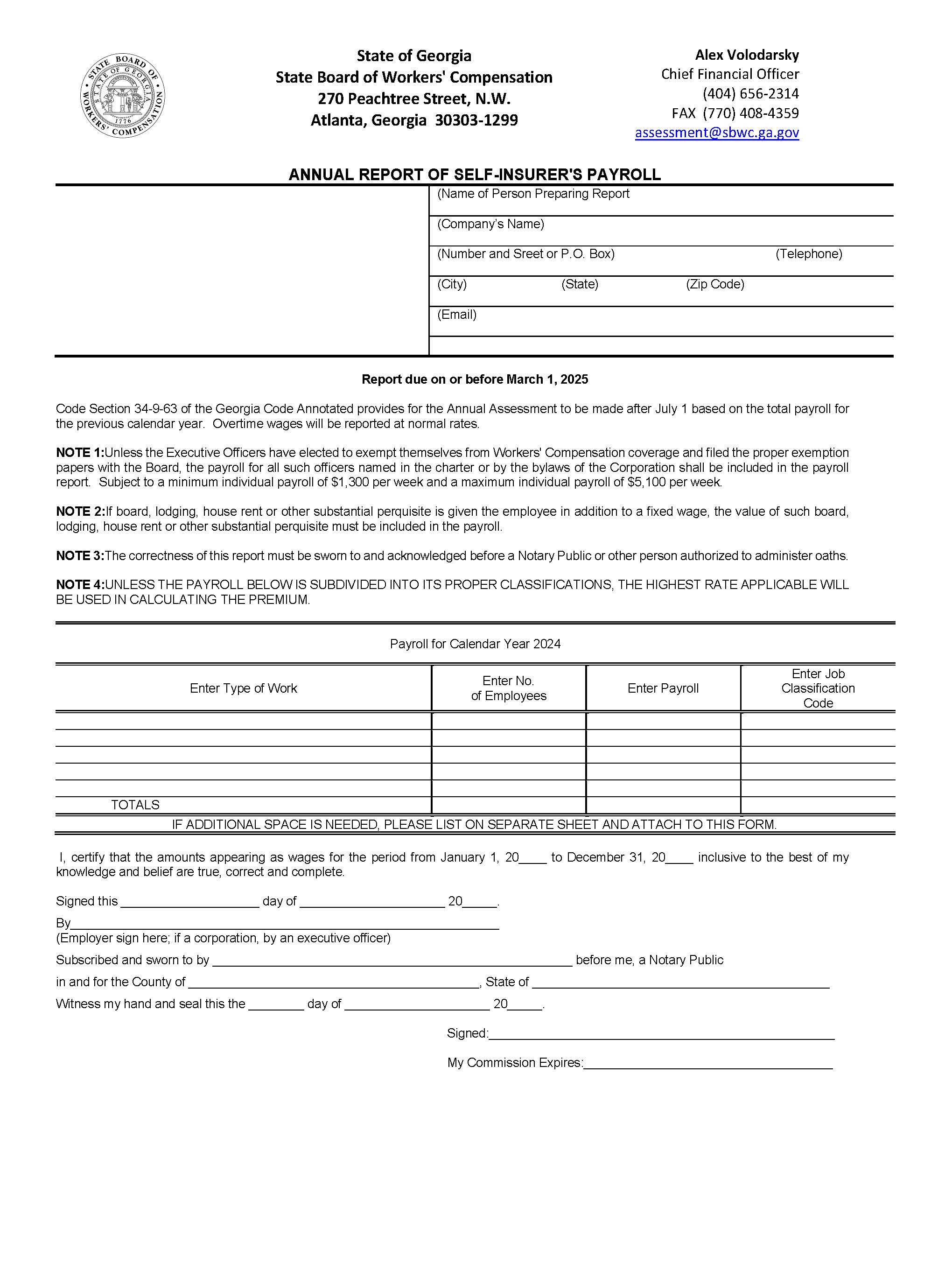 Annual Report Of Self-Insurers Payroll | Pdf Fpdf Docx | Georgia