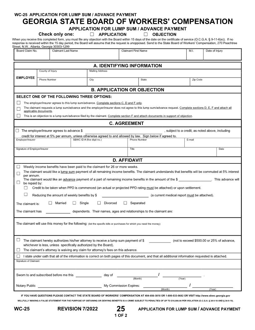 Application For Lump Sum Advance Payment {WC-25} | Pdf Fpdf Doc Docx | Georgia