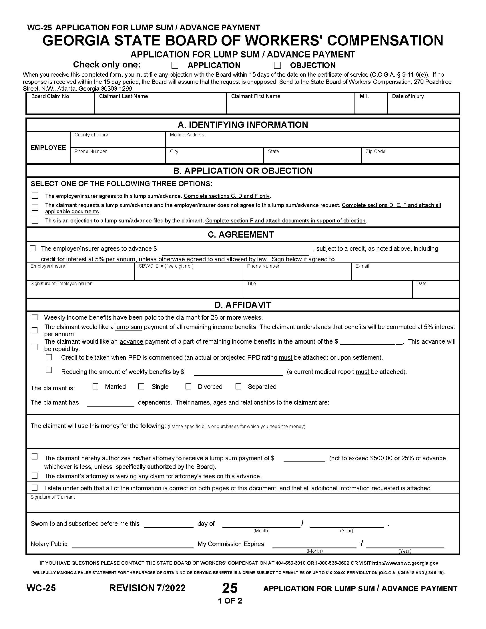 Application For Lump Sum Advance Payment {WC-25} | Pdf Fpdf Doc Docx | Georgia