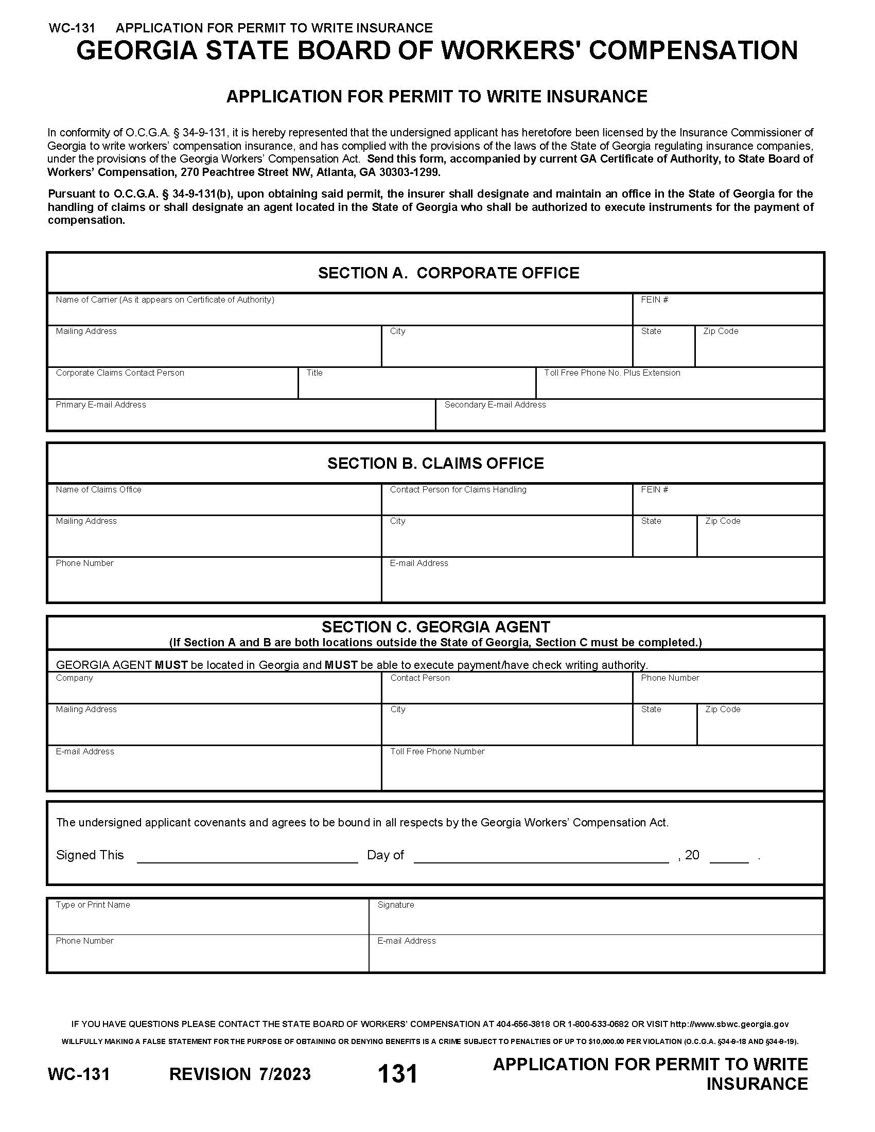 Application For Permit To Write Insurance {WC-131} | Pdf Fpdf Doc Docx | Georgia