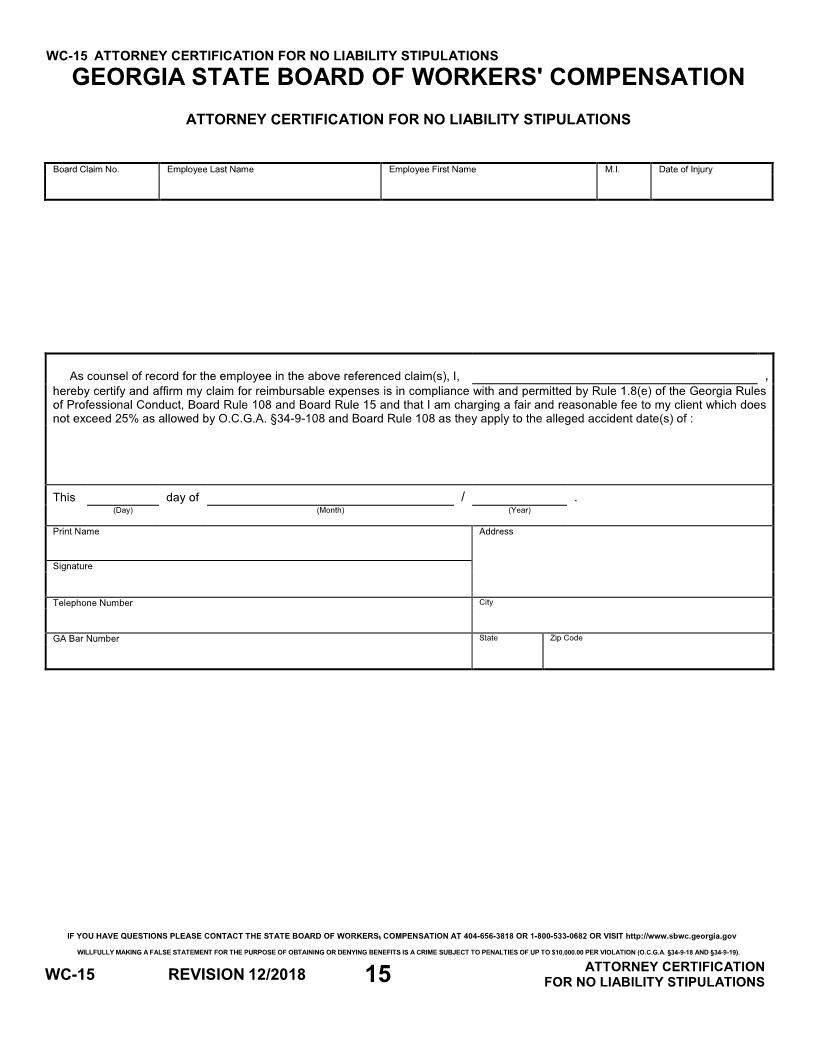 Attorney Certification For No Liability Stipulations {WC-15} | Pdf Fpdf Doc Docx | Georgia