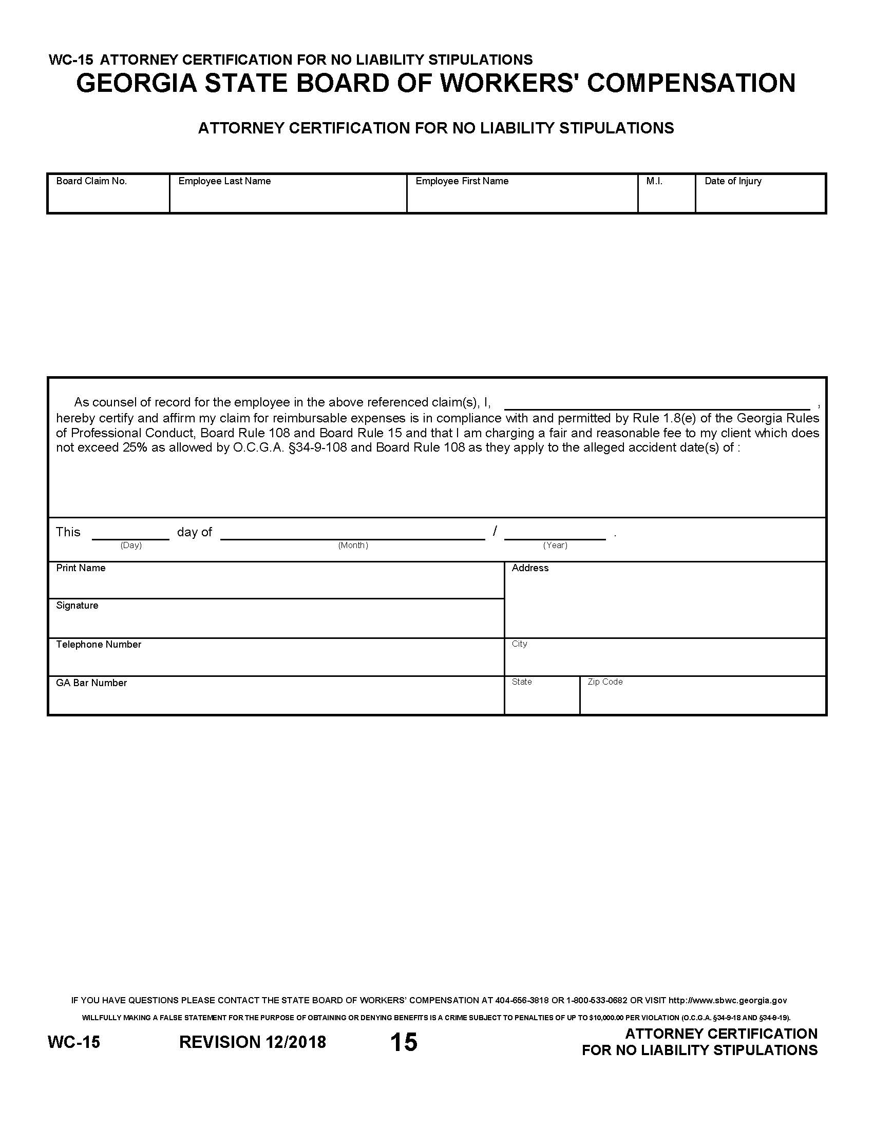 Attorney Certification For No Liability Stipulations {WC-15} | Pdf Fpdf Doc Docx | Georgia