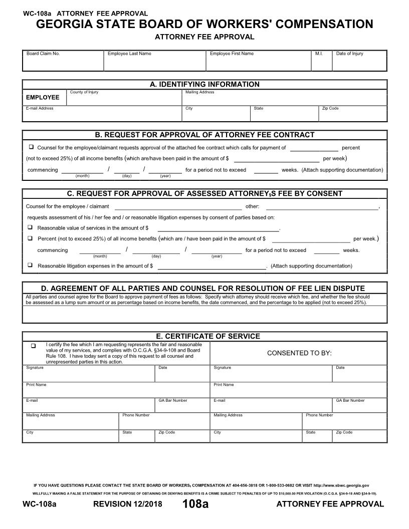 Attorney Fee Approval {WC-108a} | Pdf Fpdf Doc Docx | Georgia