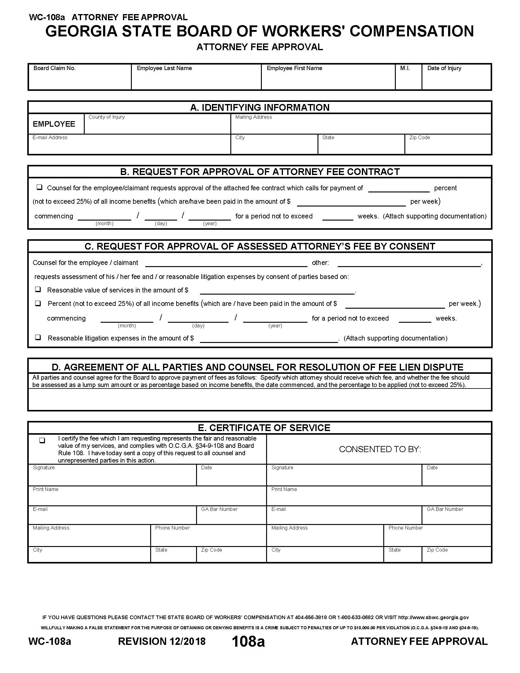 Attorney Fee Approval {WC-108a} | Pdf Fpdf Doc Docx | Georgia