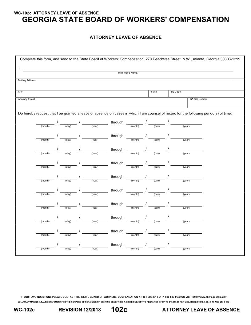Attorney Leave Of Absence {WC-102C} | Pdf Fpdf Doc Docx | Georgia