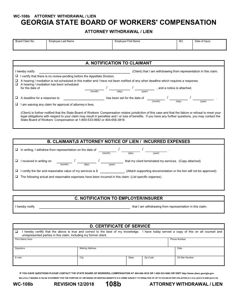 Attorney Withdrawal Lien {WC-108b} | Pdf Fpdf Doc Docx | Georgia