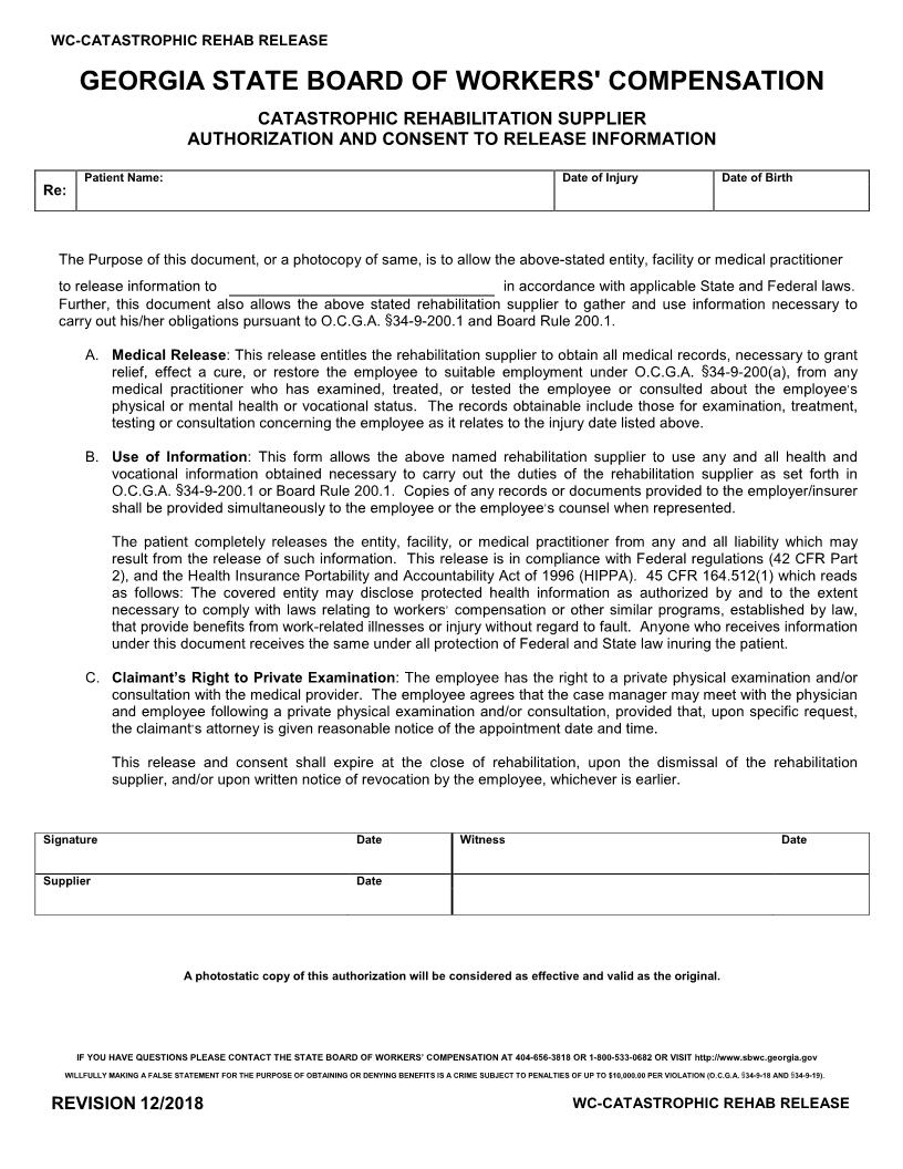 Catastrophic Rehabilitation Release | Pdf Fpdf Doc Docx | Georgia