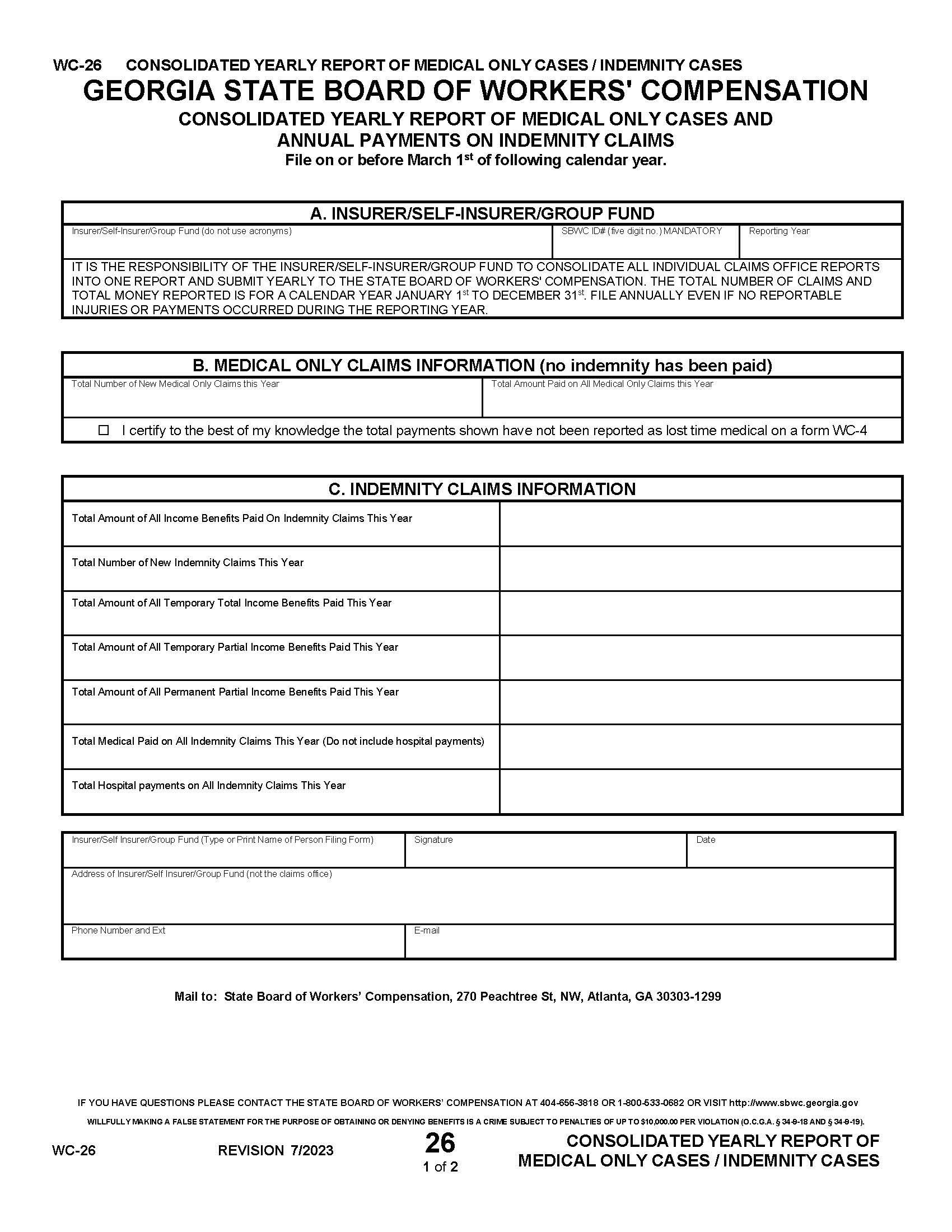 Consolidated Yearly Report Of Medical Only Cases {WC-26} | Pdf Fpdf Doc Docx | Georgia