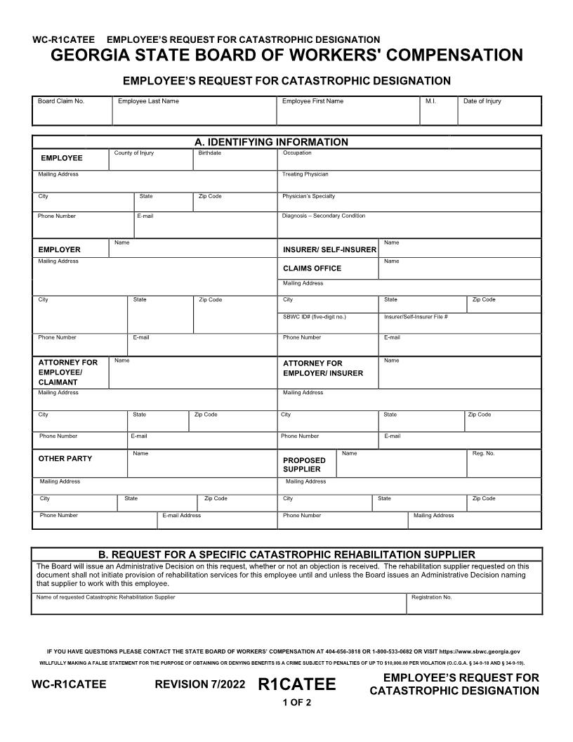 Employees Request For Catastrophic Designation {WC-R1CATEE} | Pdf Fpdf Doc Docx | Georgia