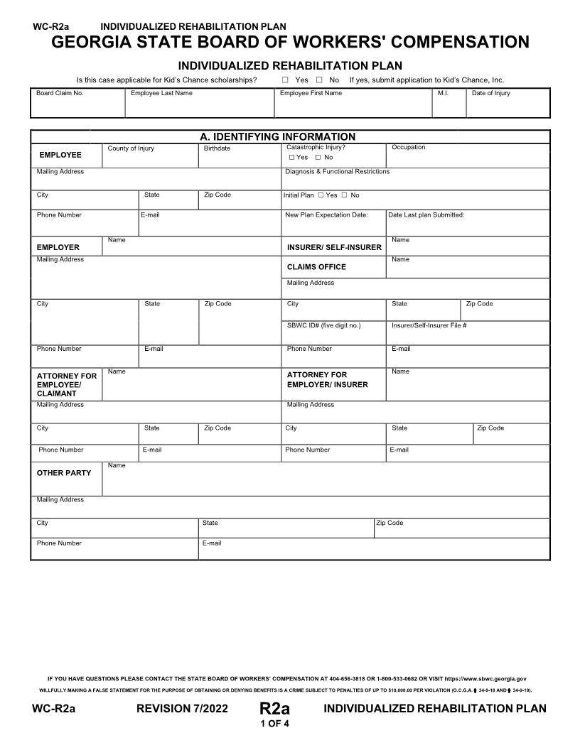 Individualized Rehabilitation Plan {WC-R2a} | Pdf Fpdf Doc Docx | Georgia