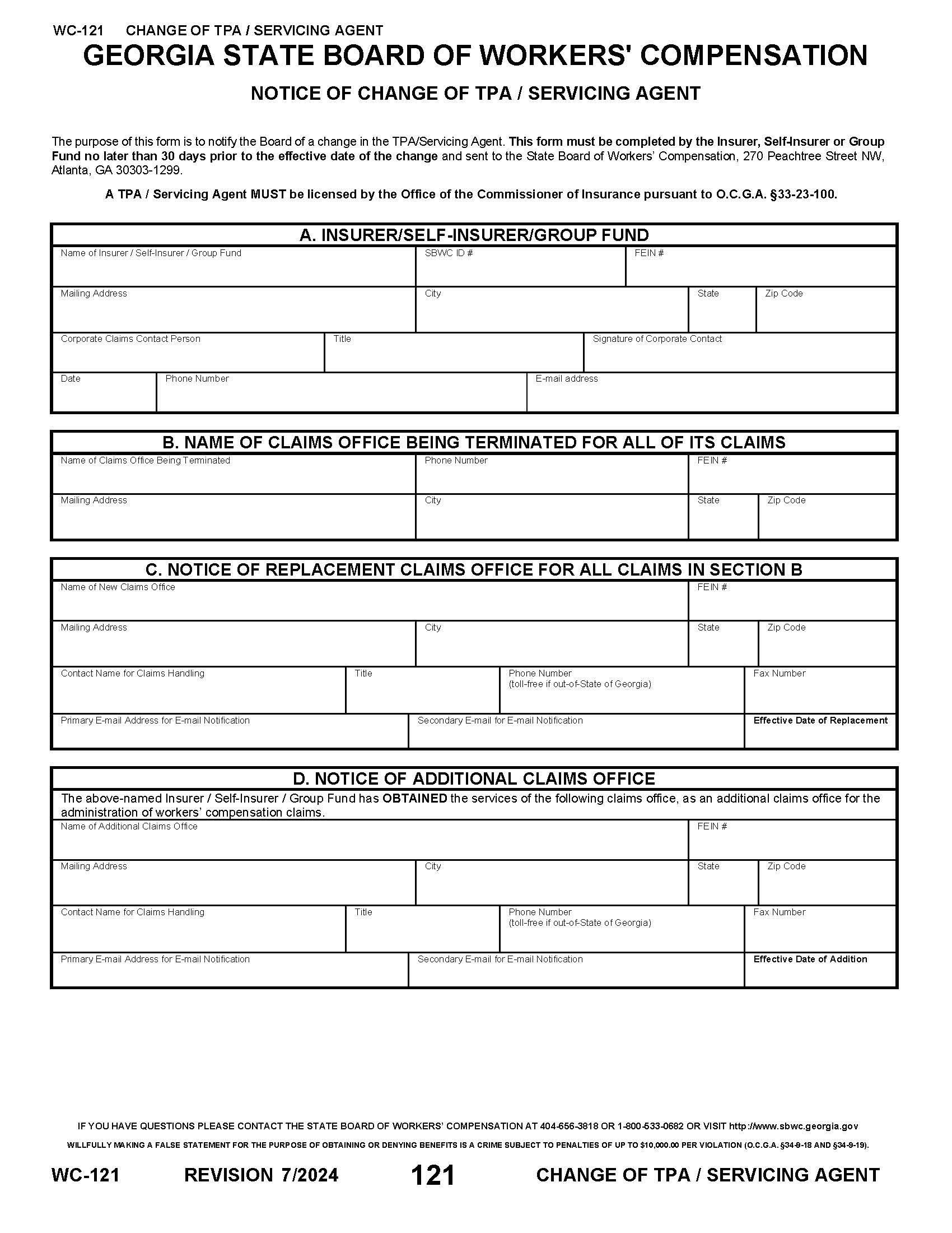 Notice Of Change Of TPA Servicing Agent {WC-121} | Pdf Fpdf Doc Docx | Georgia