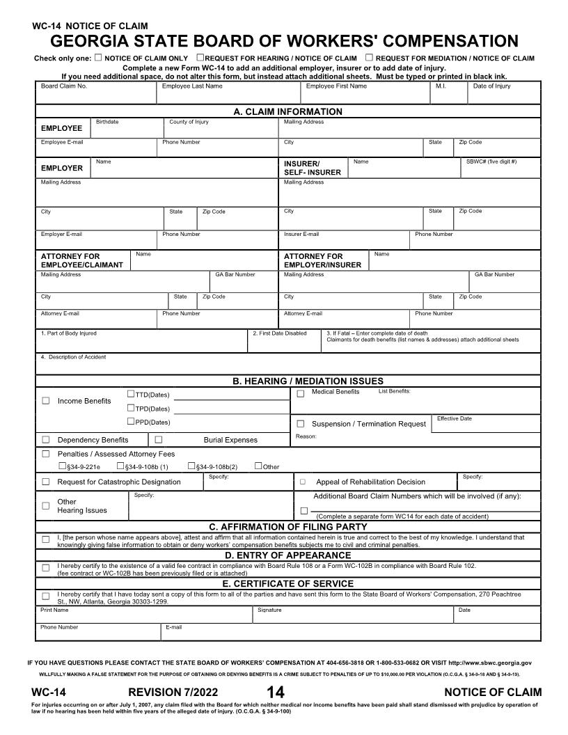 Notice Of Claim {WC-14} | Pdf Fpdf Docx | Georgia