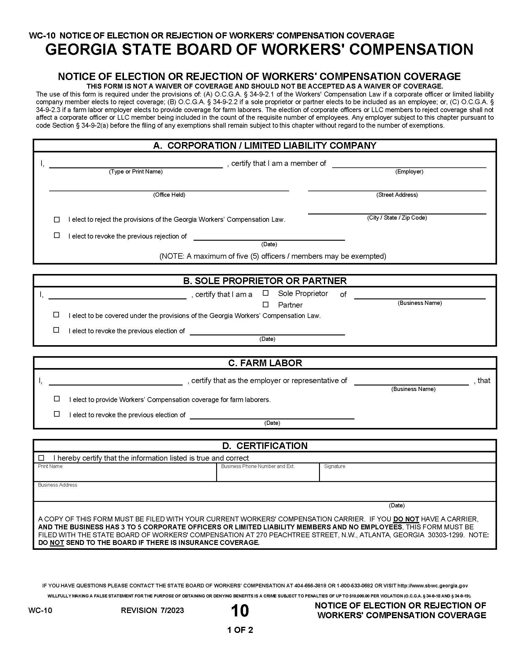 Notice Of Election Or Rejection Of Workers Compensation Coverage {WC-10} | Pdf Fpdf Doc Docx | Georgia