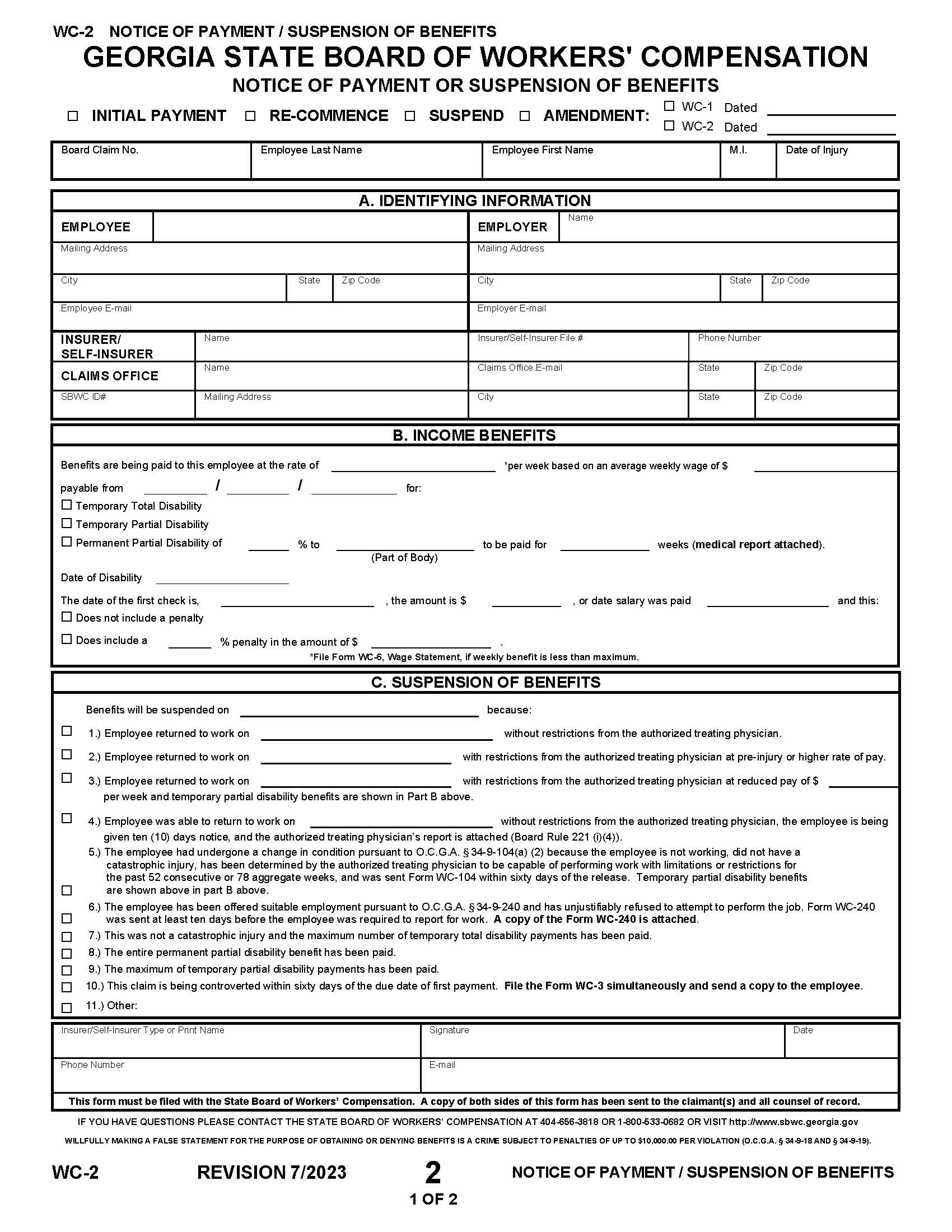 Notice Of Payment Or Suspension Of Benefits {WC-2} | Pdf Fpdf Docx | Georgia