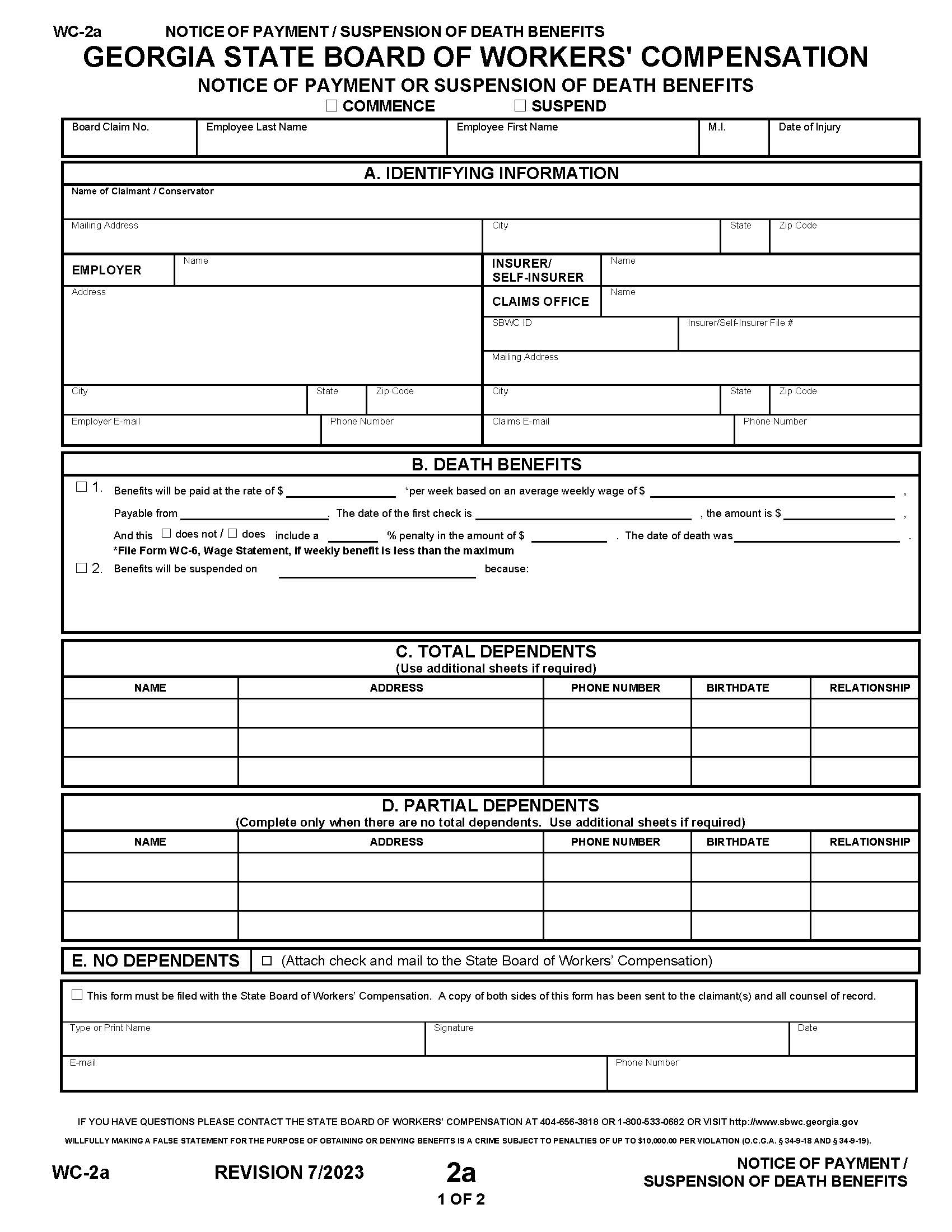 Notice Of Payment Or Suspension Of Death Benefits {WC-2a} | Pdf Fpdf Docx | Georgia