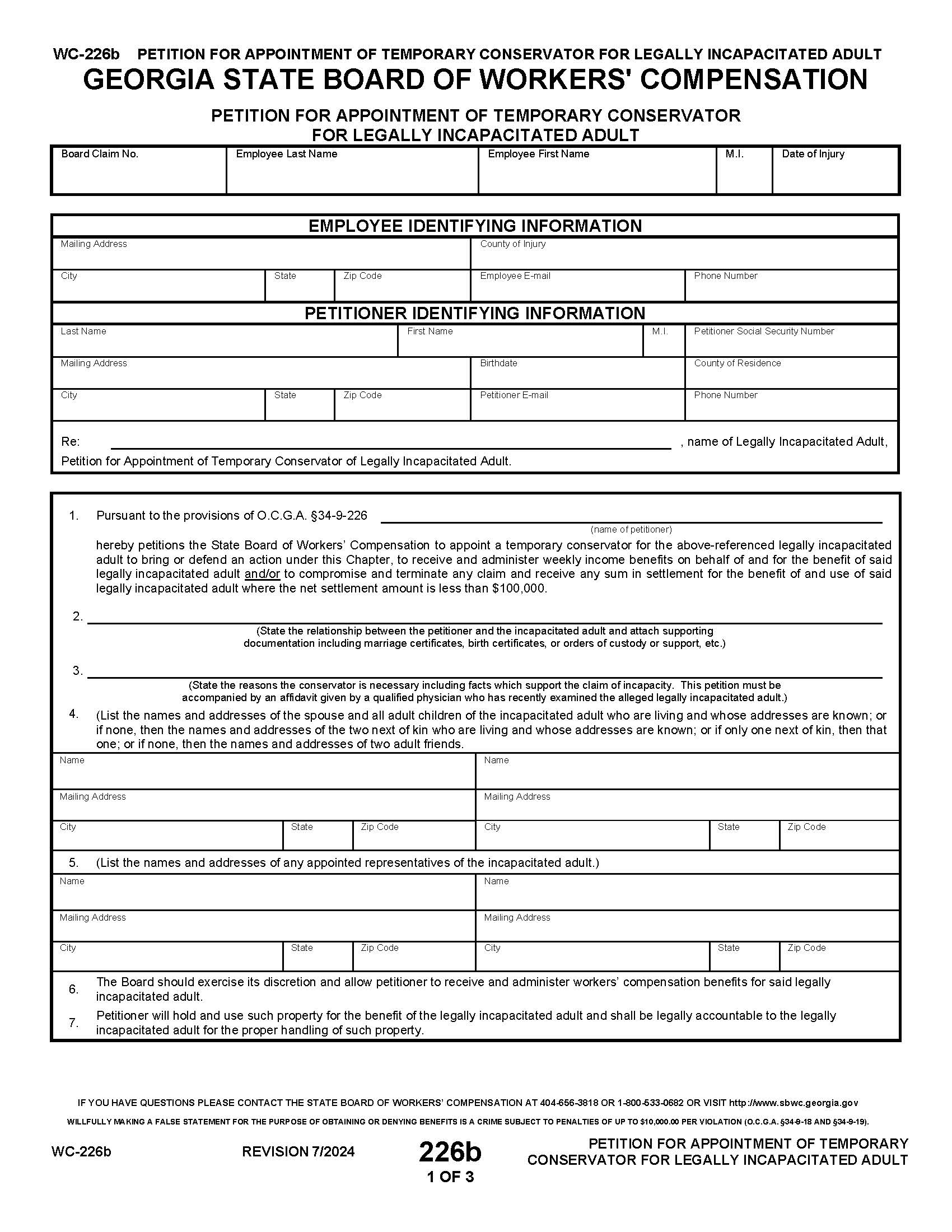 Petition For Appointment Of Temporary  Conservator For Legally Incapacitated Adult {WC-226(b)} | Pdf Fpdf Doc Docx | Georgia
