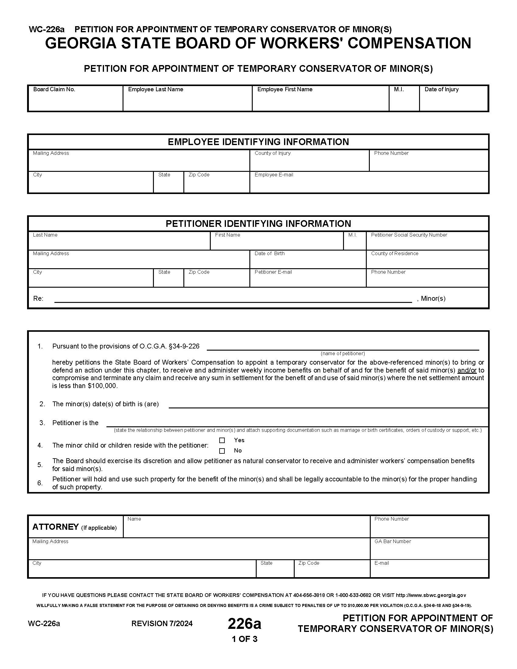 Petition For Appointment Of Temporary Guardianship Of Minor {WC-226(a)} | Pdf Fpdf Doc Docx | Georgia