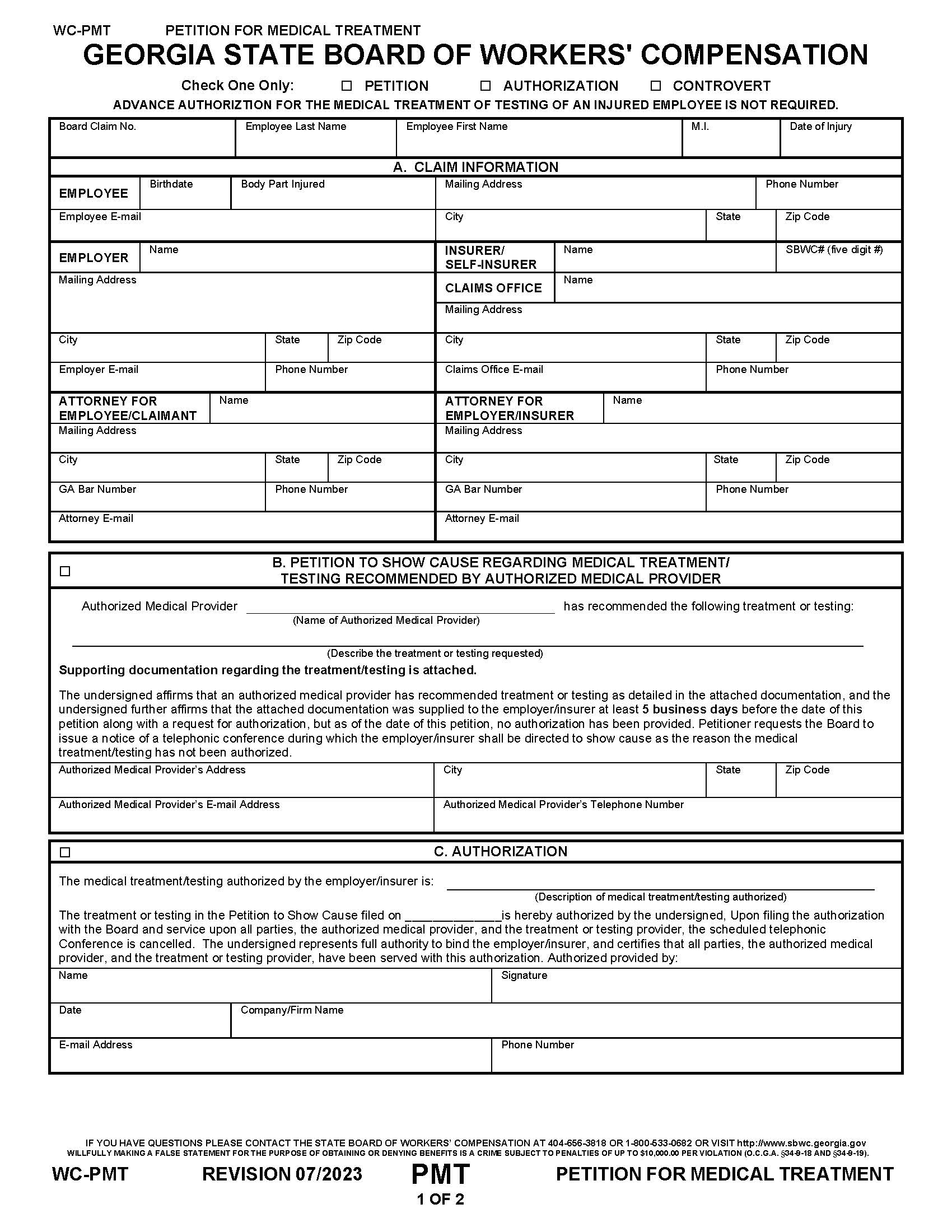 Petition For Medical Treatment {WC-PMT} | Pdf Fpdf Docx | Georgia