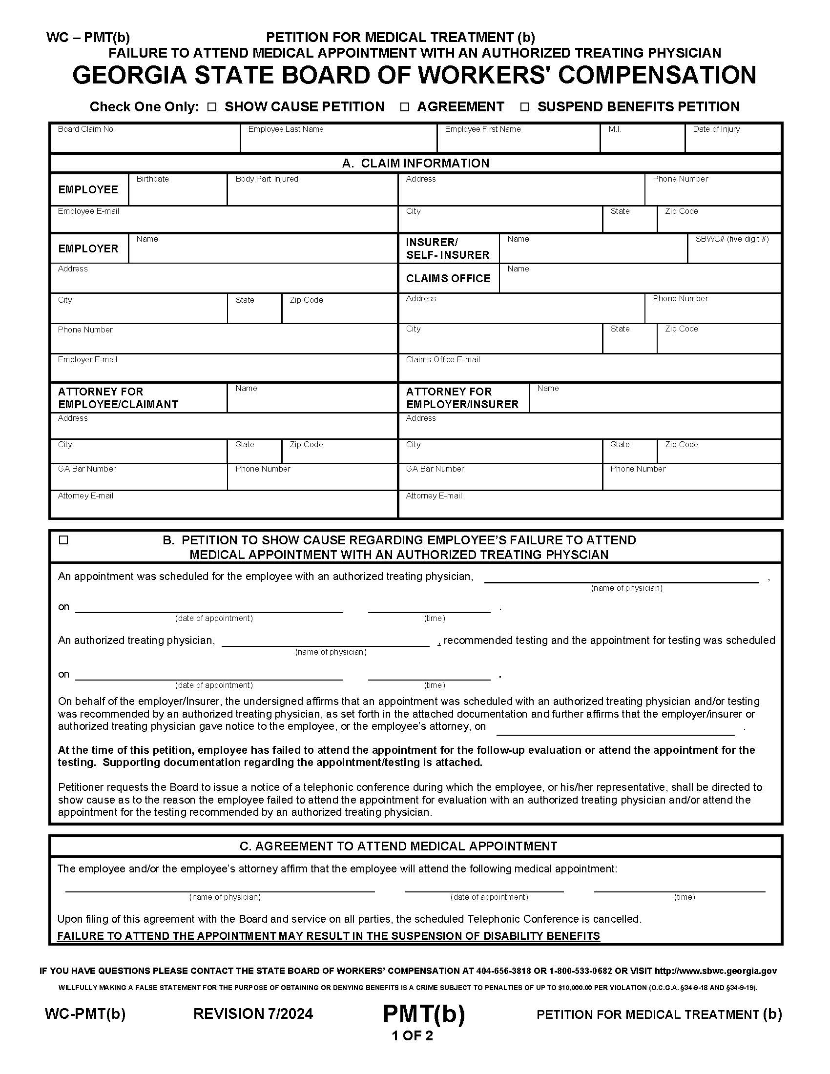 Petition For Medical Treatment {WC-PMT(b)} | Pdf Fpdf Docx | Georgia