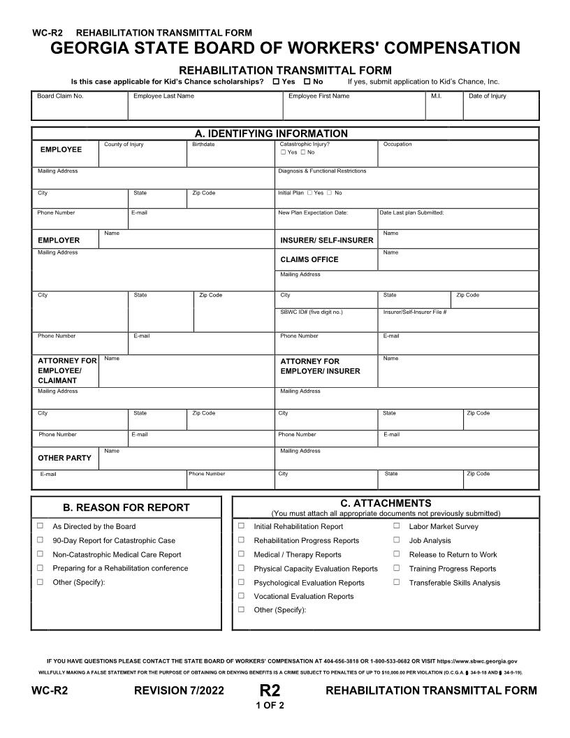 Rehabilitation Transmittal Form {WC-R2} | Pdf Fpdf Doc Docx | Georgia