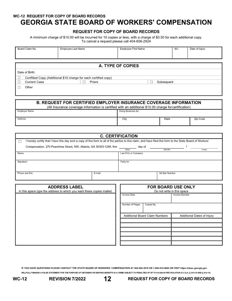 Request For Copy Of Board Records {WC-12} | Pdf Fpdf Doc Docx | Georgia