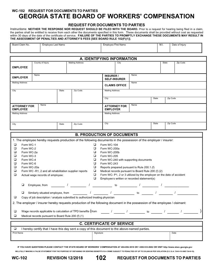 Request For Documents To Parties {WC-102} | Pdf Fpdf Doc Docx | Georgia