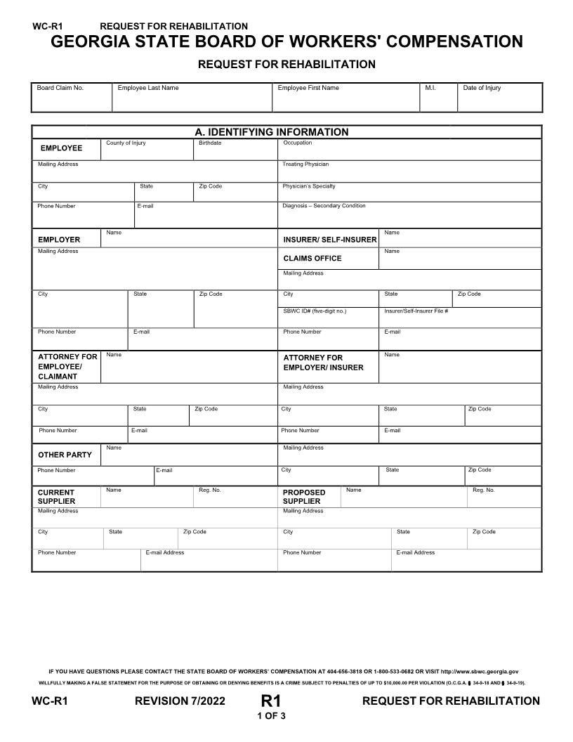 Request For Rehabilitation {WC-R1} | Pdf Fpdf Doc Docx | Georgia