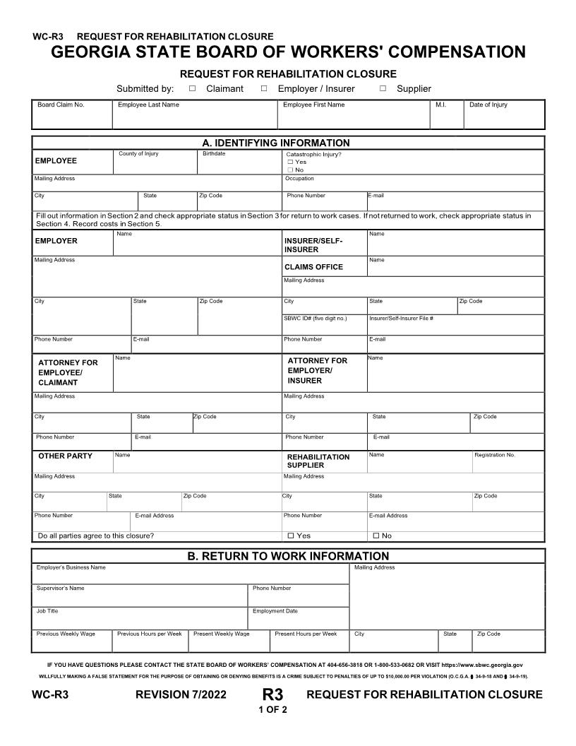 Request For Rehabilitation Closure {WC-R3} | Pdf Fpdf Doc Docx | Georgia