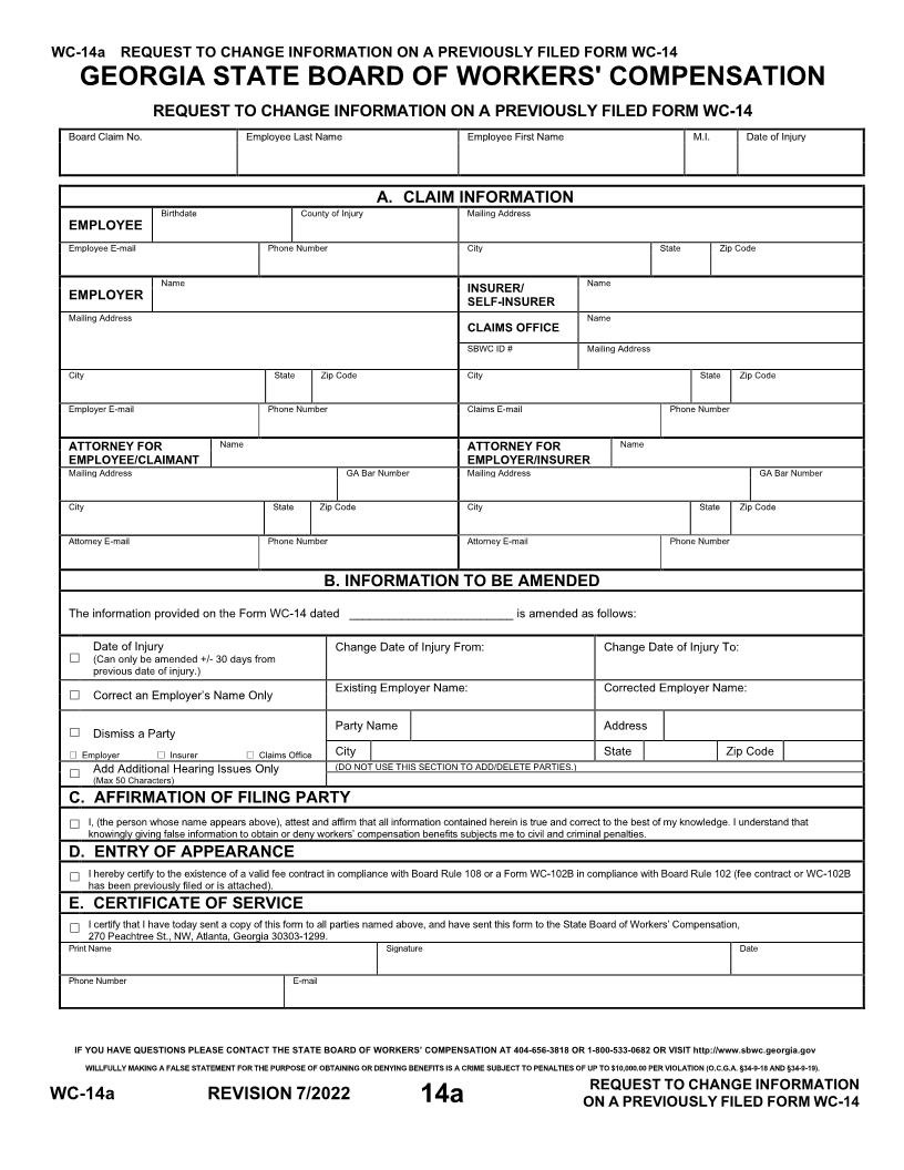 Request To Amend Information On A Form WC-14 {WC-14a} | Pdf Fpdf Doc Docx | Georgia