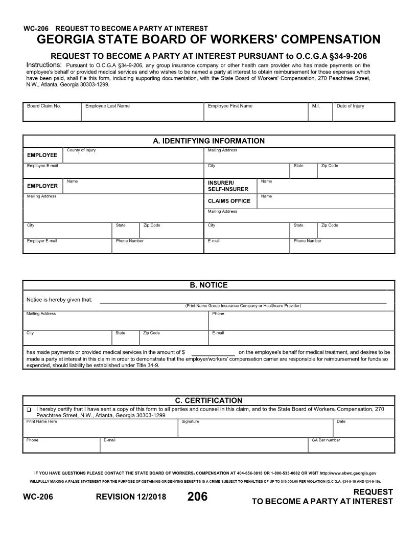 Request To Become A Party At Interest {WC-206} | Pdf Fpdf Doc Docx | Georgia