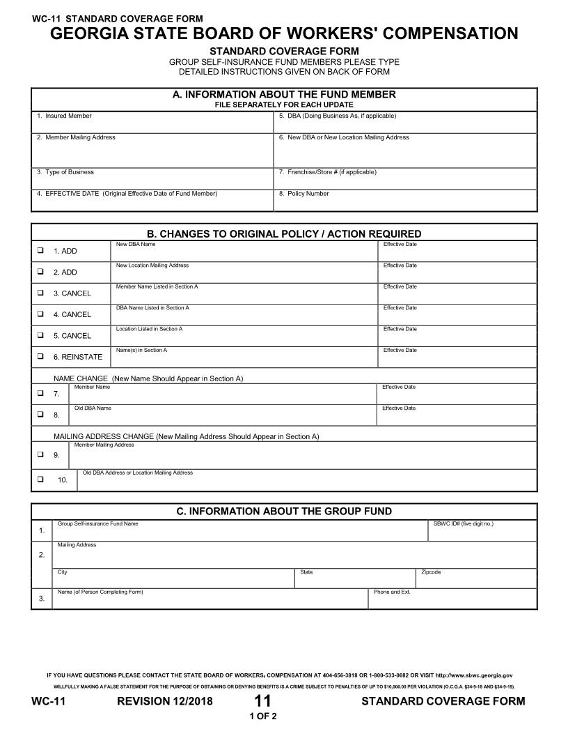 Standard Coverage Form {WC-11} | Pdf Fpdf Docx | Georgia