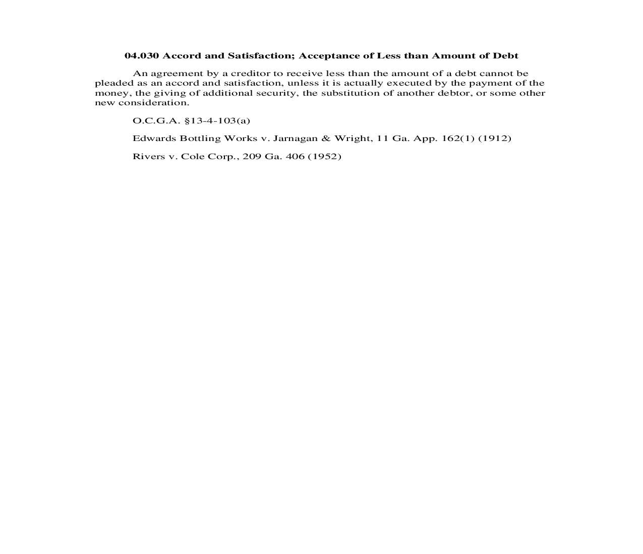 04.030 Accord and Satisfaction; Acceptance of Less than Amount of Debt | Pdf Doc Docx | Georgia_JI