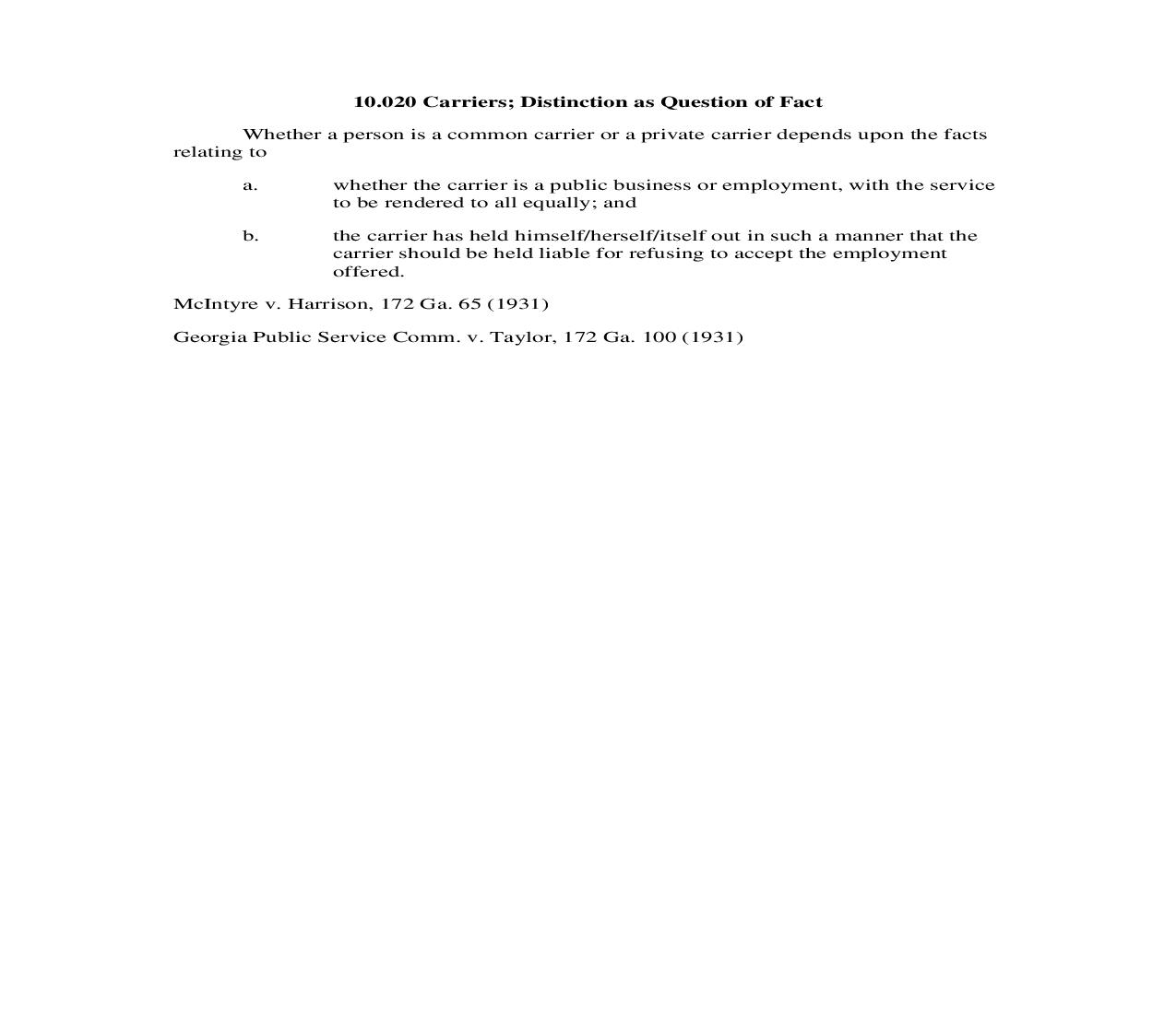 10.020 Carriers; Distinction as Question of Fact | Pdf Doc Docx | Georgia_JI