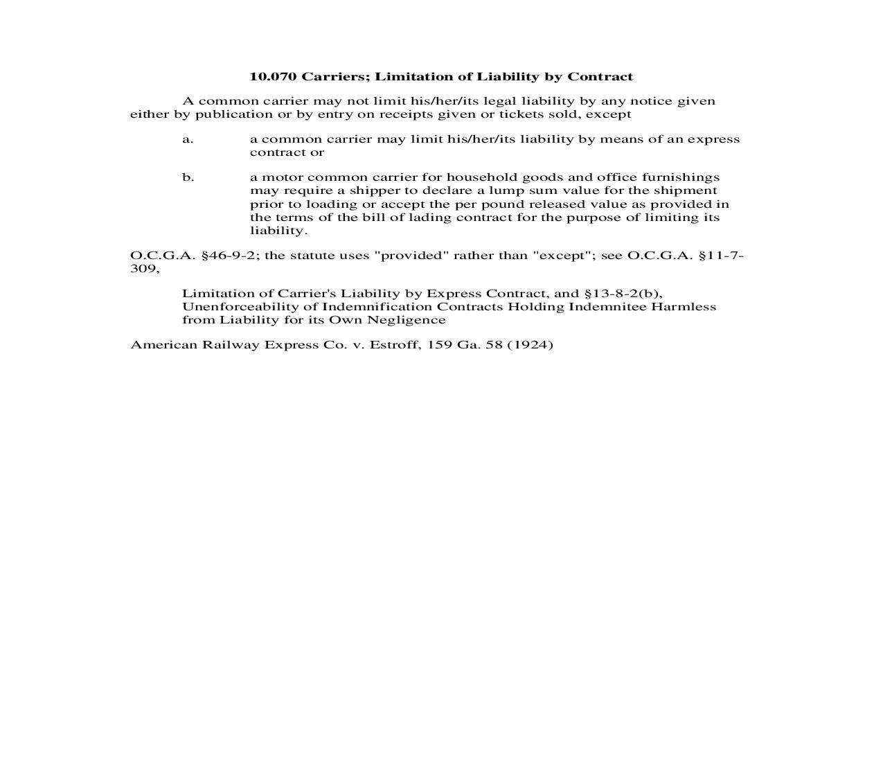 10.070 Carriers; Limitation of Liability by Contract | Pdf Doc Docx | Georgia_JI