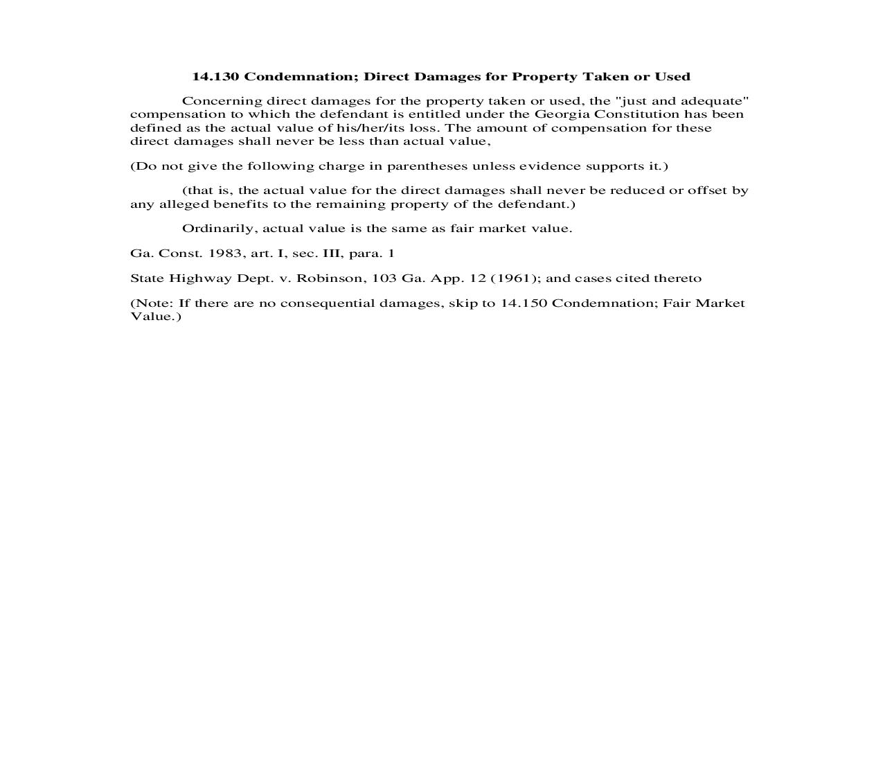 14.130 Condemnation; Direct Damages for Property Taken or Used | Pdf Doc Docx | Georgia_JI