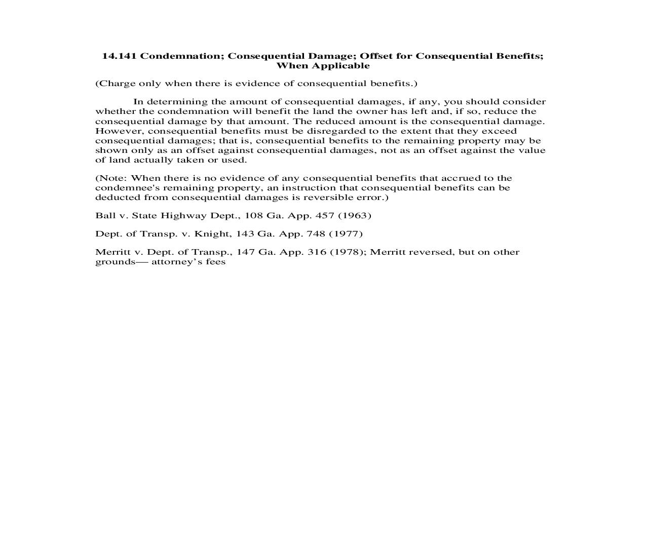 14.141 Condemnation; Consequential Damage; Offset for Consequential Benefits;  When Applicable | Pdf Doc Docx | Georgia_JI