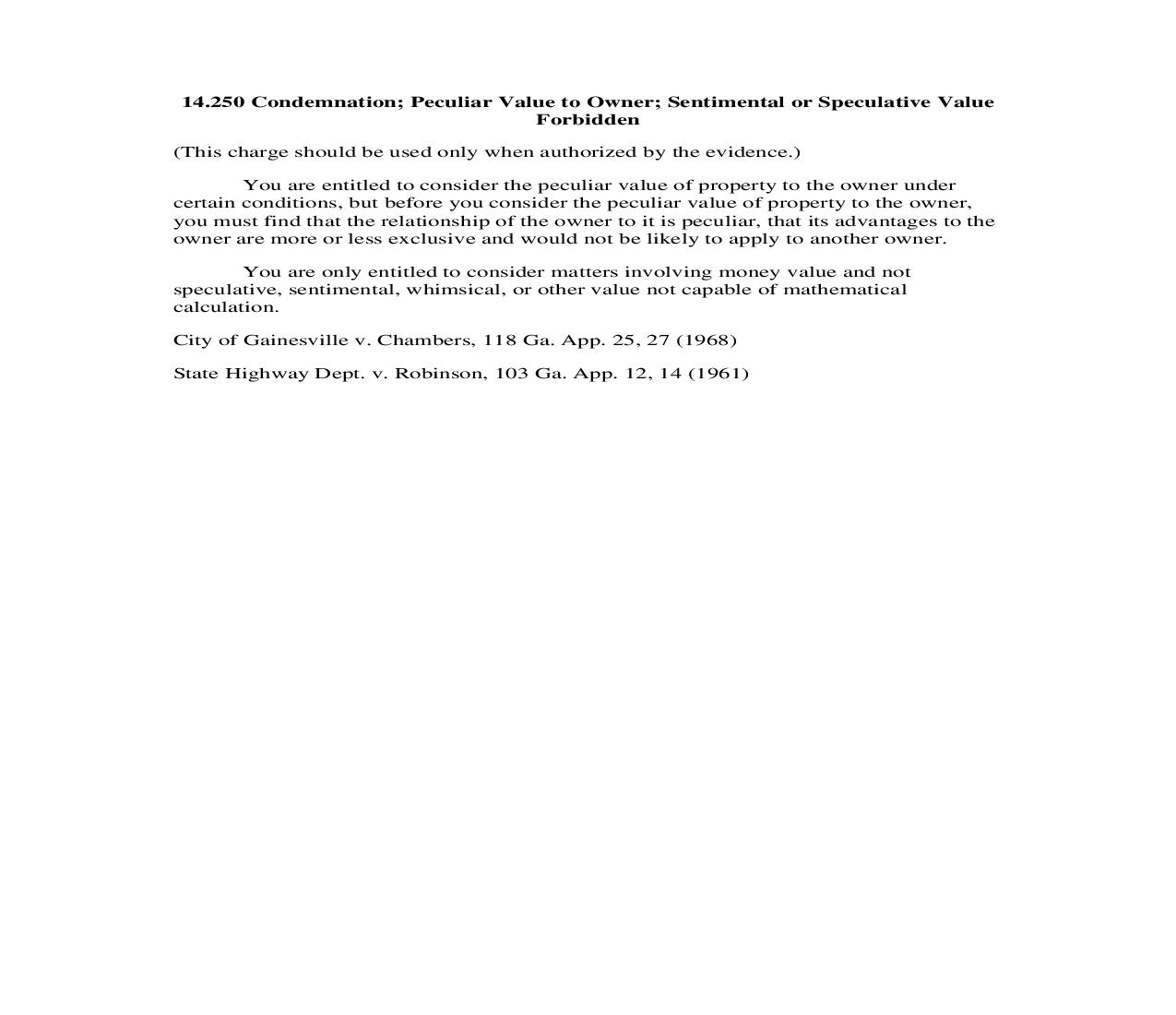 14.250 Condemnation; Peculiar Value to Owner; Sentimental or Speculative Value  Forbidden | Pdf Doc Docx | Georgia_JI