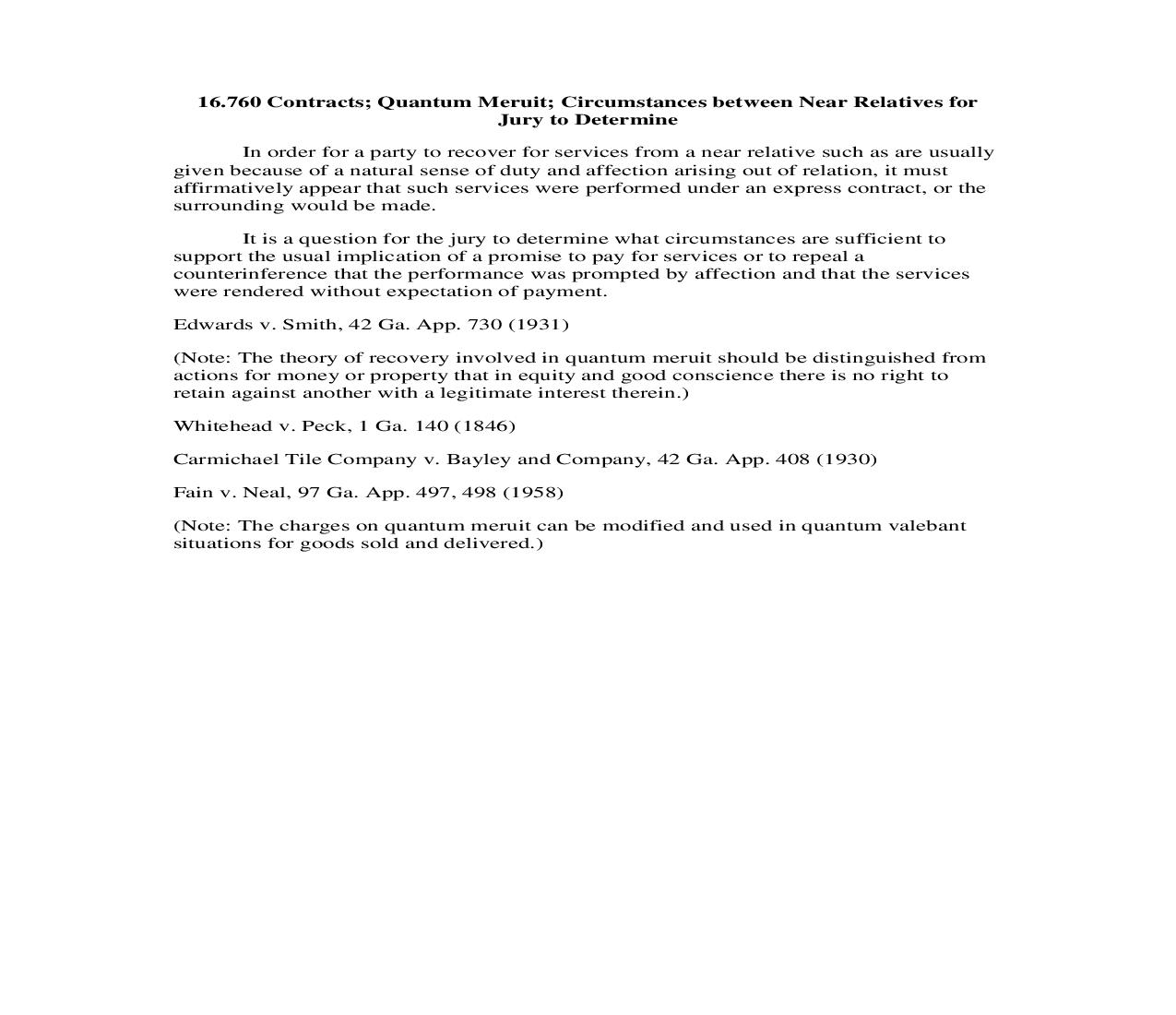 16.760 Contracts; Quantum Meruit; Circumstances between Near Relatives for Jury to  Determine | Pdf Doc Docx | Georgia_JI