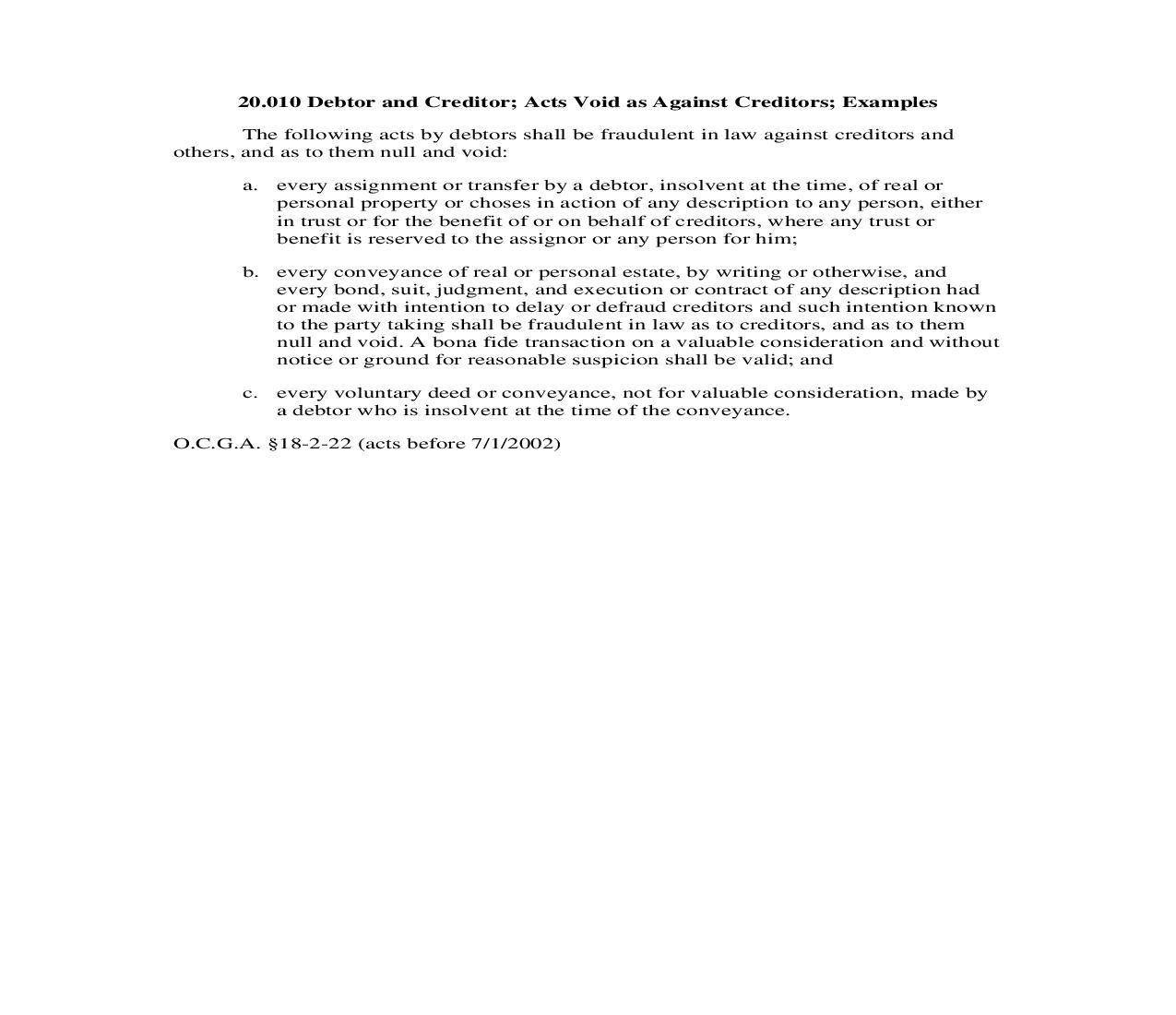 20.010 Debtor and Creditor; Acts Void as Against Creditors; Examples | Pdf Doc Docx | Georgia_JI