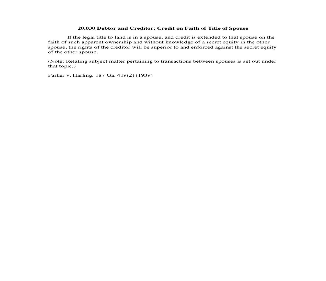 20.030 Debtor and Creditor; Credit on Faith of Title of Spouse | Pdf Doc Docx | Georgia_JI