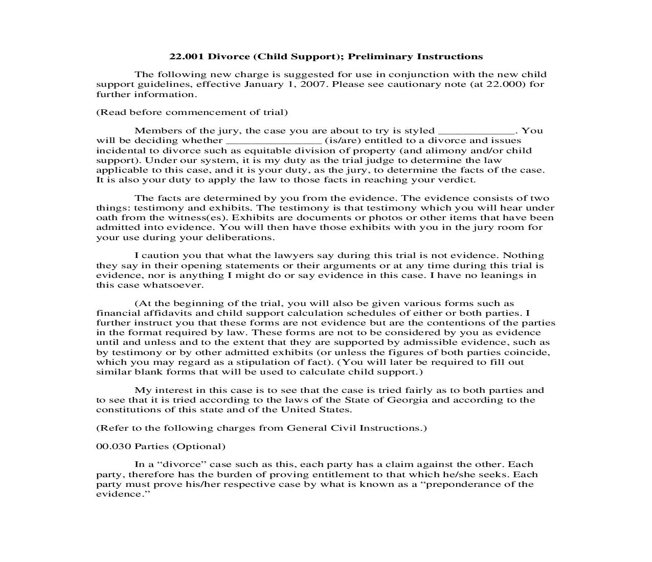 22.001 Divorce (Child Support); Preliminary Instructions | Pdf Doc Docx | Georgia_JI