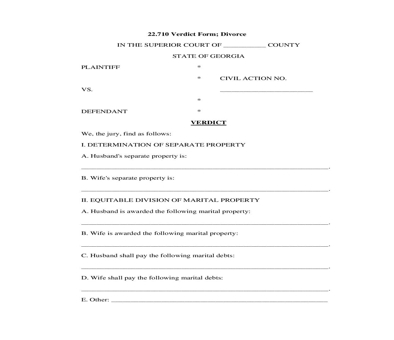 22.710 Verdict Form; Divorce | Pdf Doc Docx | Georgia_JI